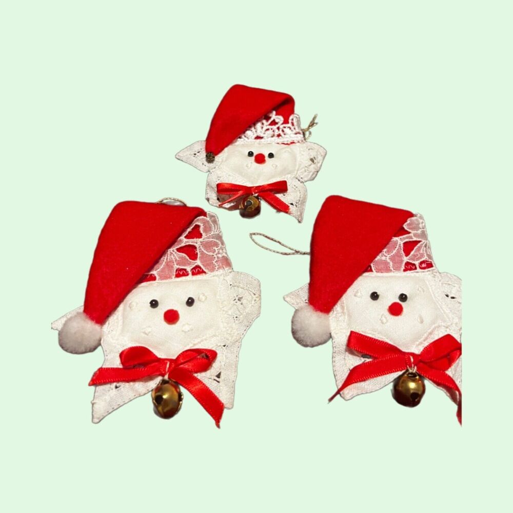 Santa Ornaments Set Of 3 Felt And Lace Santa Stars Vintage